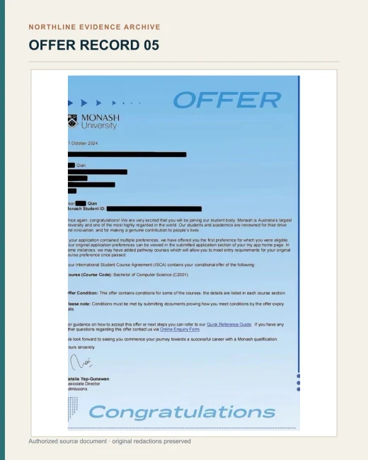 蒙纳士大学计算机科学学士 Offer授权展示文书图证